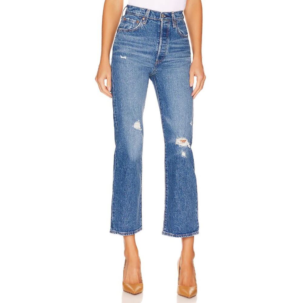 Levi’s Premium Medium Wash Distressed Ribcage Straight Ankle Jeans